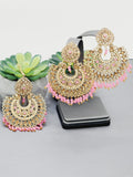 "Vintage Rose Radiance: Classic Polki Pink Tikka Earrings Set"
