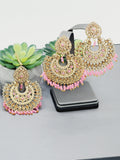 "Vintage Rose Radiance: Classic Polki Pink Tikka Earrings Set"