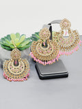 "Vintage Rose Radiance: Classic Polki Pink Tikka Earrings Set"