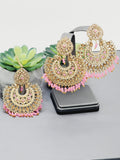 "Vintage Rose Radiance: Classic Polki Pink Tikka Earrings Set"