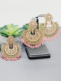 "Vintage Rose Radiance: Classic Polki Pink Tikka Earrings Set"