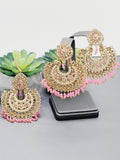 "Vintage Rose Radiance: Classic Polki Pink Tikka Earrings Set"