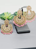 "Vintage Rose Radiance: Classic Polki Pink Tikka Earrings Set"