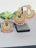 "Vintage Rose Radiance: Classic Polki Pink Tikka Earrings Set"
