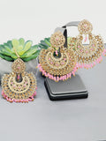 "Vintage Rose Radiance: Classic Polki Pink Tikka Earrings Set"