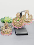 "Vintage Rose Radiance: Classic Polki Pink Tikka Earrings Set"