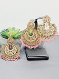 "Vintage Rose Radiance: Classic Polki Pink Tikka Earrings Set"