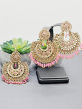 "Vintage Rose Radiance: Classic Polki Pink Tikka Earrings Set"