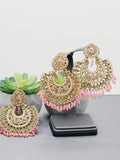 "Vintage Rose Radiance: Classic Polki Pink Tikka Earrings Set"