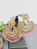 "Vintage Rose Radiance: Classic Polki Pink Tikka Earrings Set"