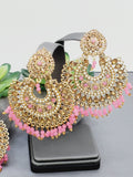 "Vintage Rose Radiance: Classic Polki Pink Tikka Earrings Set"
