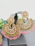 "Vintage Rose Radiance: Classic Polki Pink Tikka Earrings Set"