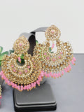 "Vintage Rose Radiance: Classic Polki Pink Tikka Earrings Set"
