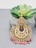 "Vintage Rose Radiance: Classic Polki Pink Tikka Earrings Set"