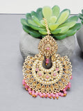 "Vintage Rose Radiance: Classic Polki Pink Tikka Earrings Set"