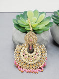 "Vintage Rose Radiance: Classic Polki Pink Tikka Earrings Set"