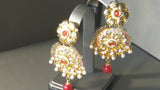 Beautiful Beaded Red And Green Metal Stone Jarkan Earrings Set