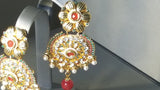 Beautiful Beaded Red And Green Metal Stone Jarkan Earrings Set