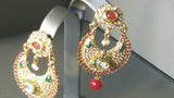 Durable  Chandbali Beaded Green And Red Metal Stone Jarkan Earrings Set