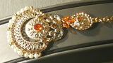 Very Elegant Orange Die Cast Metal With Pearls & Jarkan Tikka Earrings Set.