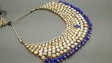 Durable Indian Bollywood Designer Kundan Pearl Bridal Blue Choker Necklace Set.