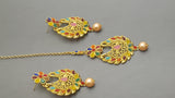 Latest Indian Bollywood Multi-color Pearl CZ Tikka Earring Set.