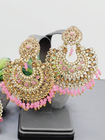 "Vintage Rose Radiance: Classic Polki Pink Tikka Earrings Set"