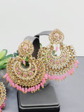 "Vintage Rose Radiance: Classic Polki Pink Tikka Earrings Set"