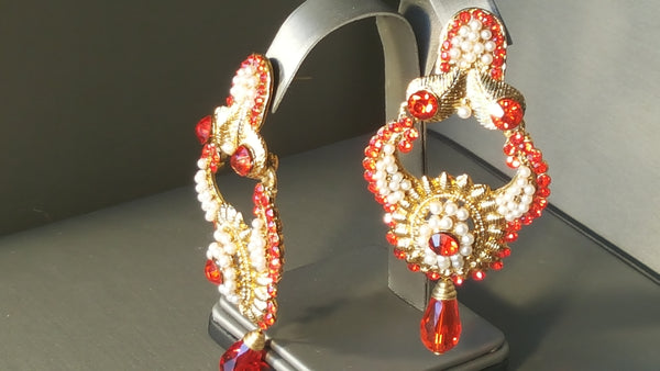 Incredible Indian Red Polki Jarkan Stone and Pearls Earrings Set