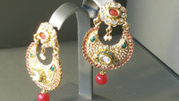 Durable  Chandbali Beaded Green And Red Metal Stone Jarkan Earrings Set