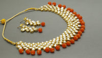 Beautiful Indian Bollywood Jewellery Orange Kundan Pearl Choker Necklace Set.