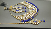 Durable Indian Bollywood Designer Kundan Pearl Bridal Blue Choker Necklace Set.