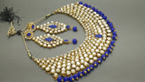 Durable Indian Bollywood Designer Kundan Pearl Bridal Blue Choker Necklace Set.