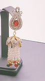 Indian Bollywood Jewellery Gold Plated Red and Green Rhinestone White Pearl Dangle Earrings Set.