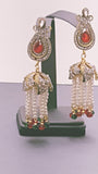 Indian Bollywood Jewellery Gold Plated Red and Green Rhinestone White Pearl Dangle Earrings Set.