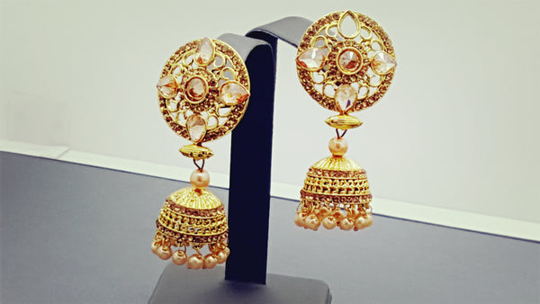 Indian Designer Bollywood Jewellery kundan Pearl Rose Gold Plated Jhumka Earrings Set.