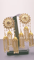 Indian Bollywood Jewellery Kundan Pearl Gold Tone Stud Hanging Earrings Set.