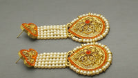 Indian Bollywood Jewellery Party Wear Kundan Pearl Beaded Orange Earring Set.