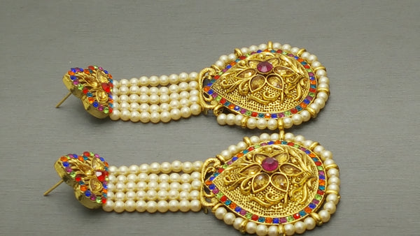 Beautiful Indian Bollywood Jewellery Kundan Pearl Beaded Multi-color Earring Set.