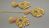 Isher Designer Bollywood style Rhinestone Multi-color Tikka Earring Set.