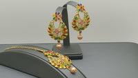 Latest Indian Bollywood Multi-color Pearl CZ Tikka Earring Set.