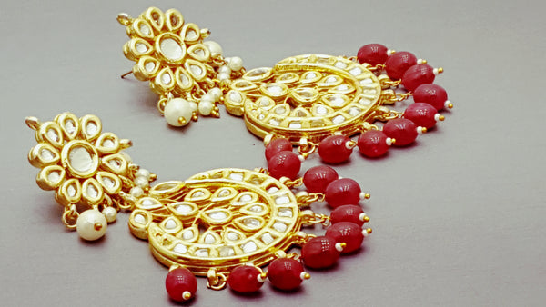 Fabulous Indian Bollywood Jewellery Red Kundan Beaded Earring Set.