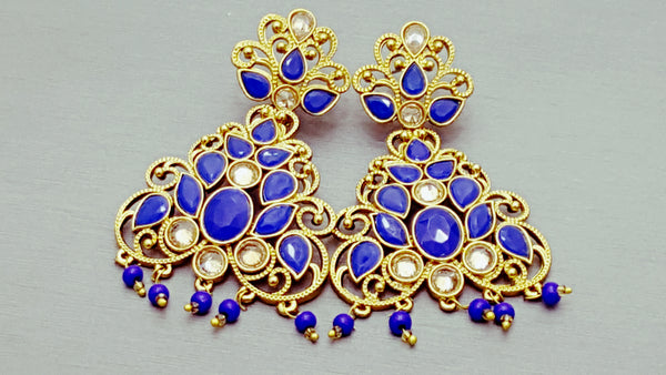 Indian Bollywood Blue Kundan Rhinestone Earrings Set.